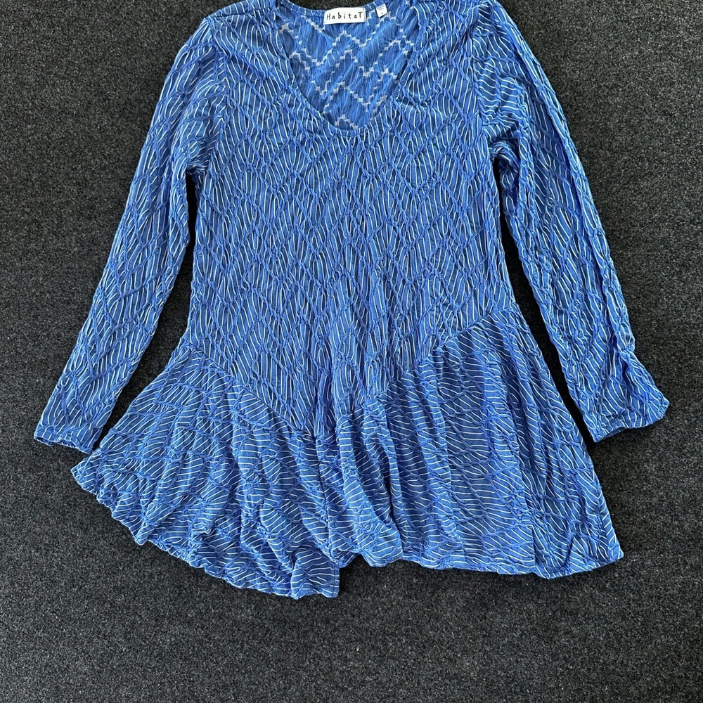 Habitat Clothes to Live In Blue Textured Pucker Knit V-Neck Tunic Top Small